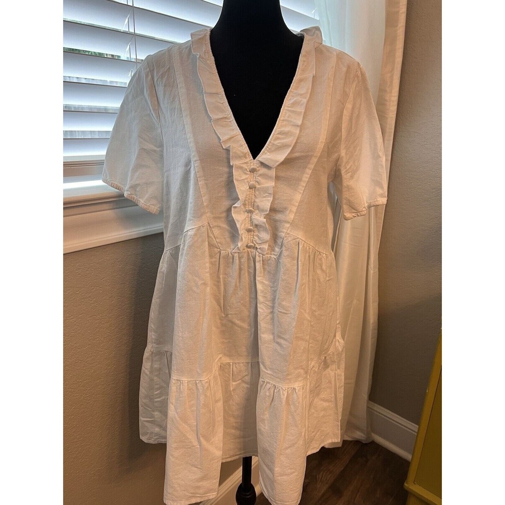 Zara White Babydoll Dress, Knee Length, Ruffle Detai & Gathered Short Sleeves. S